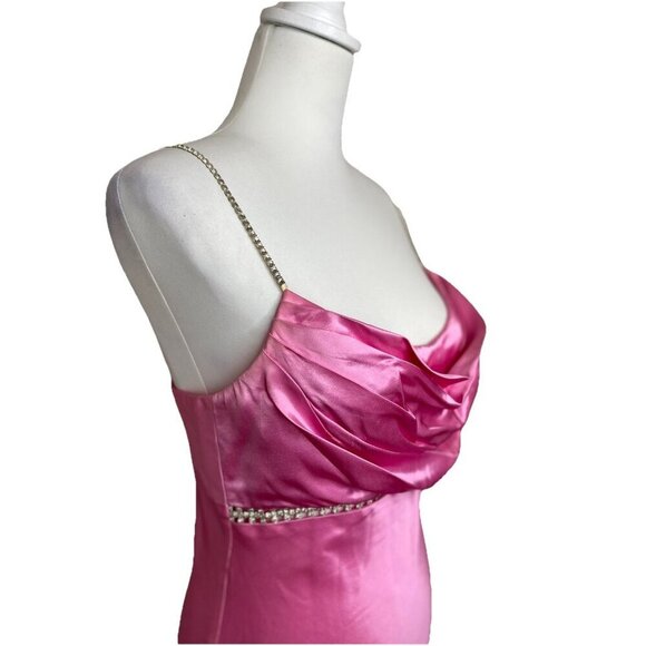 Vintage Cache Pink Y2K Satin Long Bias Cut Prom Slip Dress Gown Rhinestone Sz 6 - Picture 4 of 12